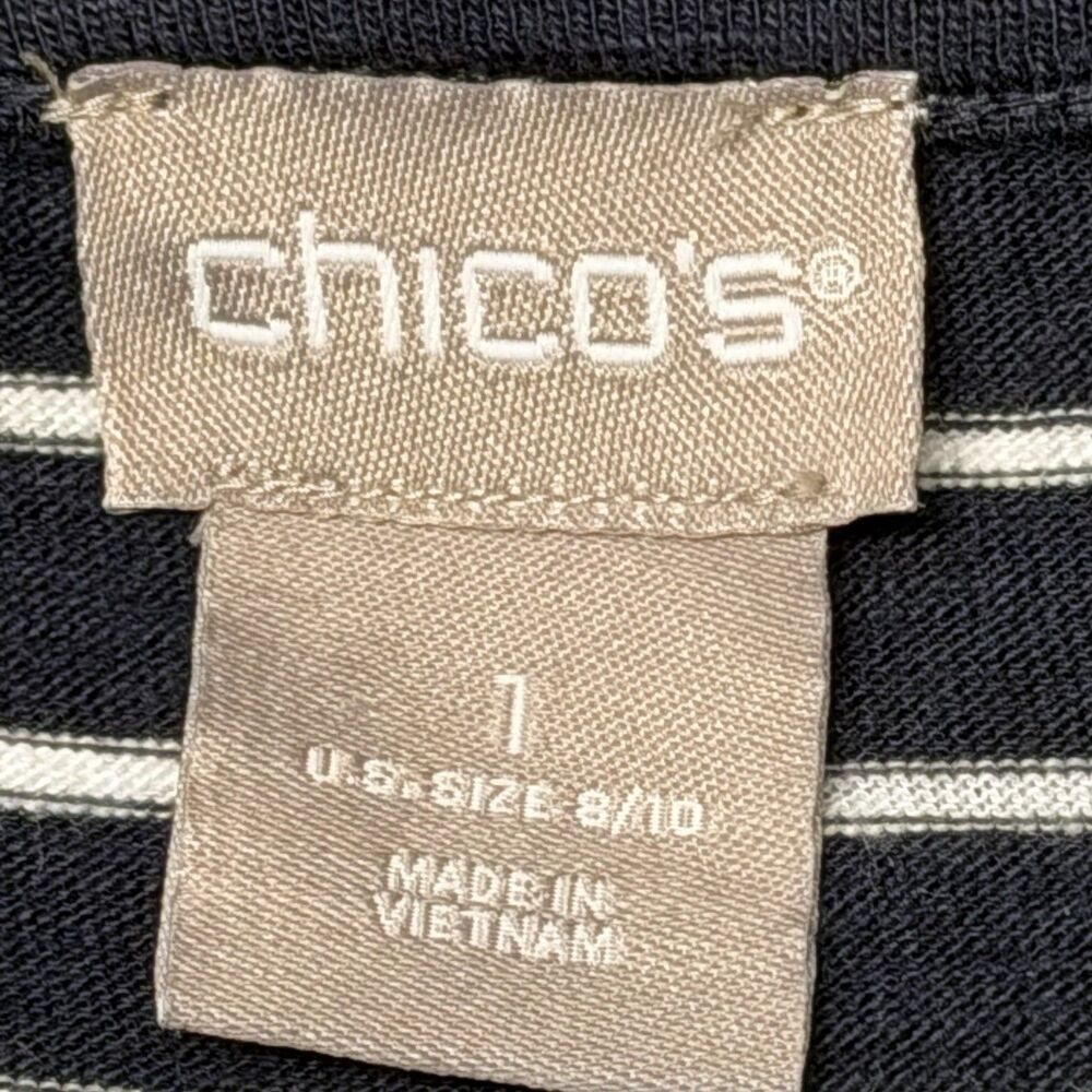 Chicos Womens Size 1 US 8/10 Navy Striped Tie Waist Short Sleeve Dress Stretch - Picture 4 of 8